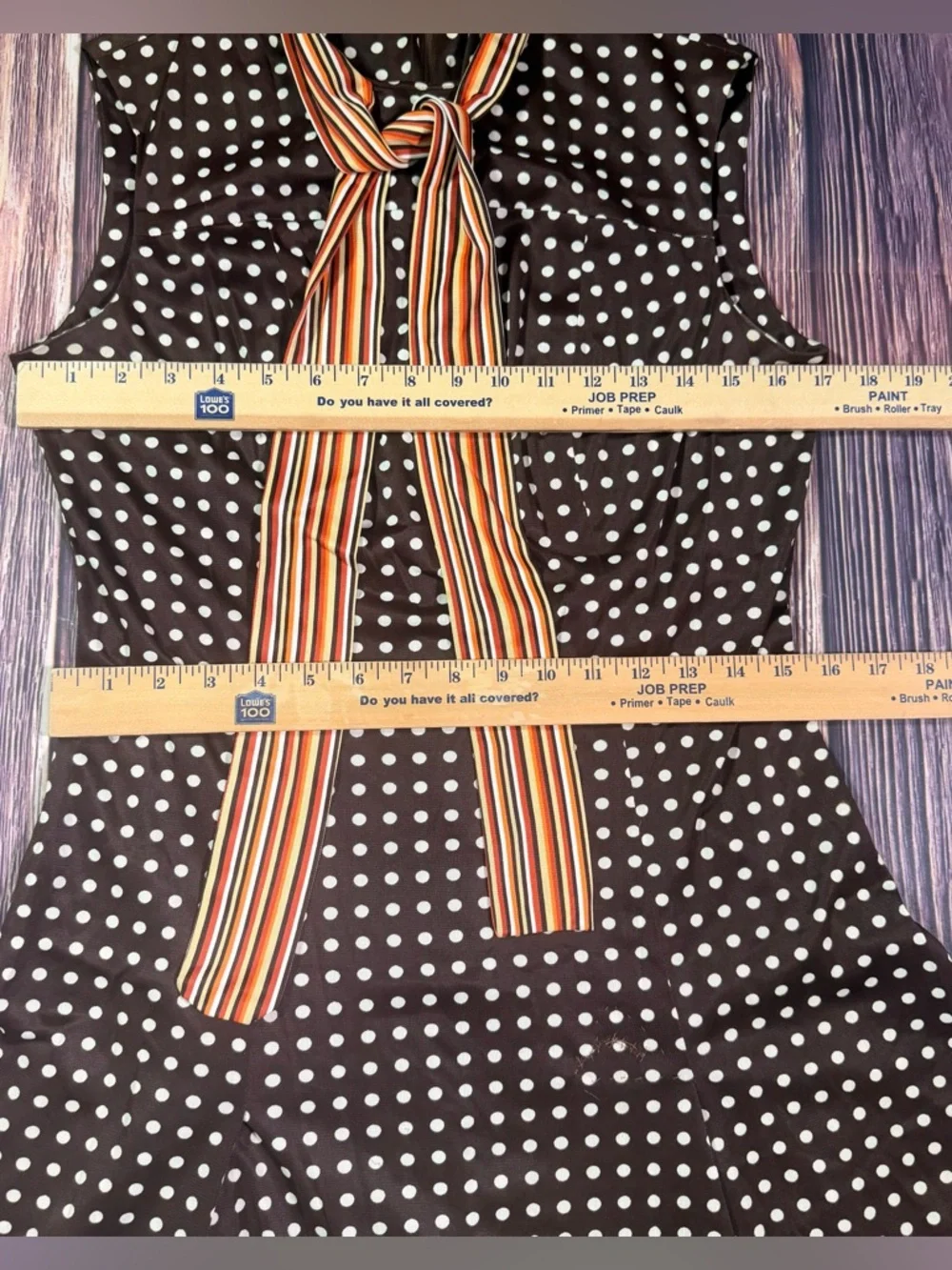 Women’s Vintage 60s Brown & Cream Polk Dot A-Line Mod Shift Dress w/ Scarf M - Picture 8 of 10